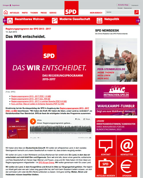 Screenshot der Internetseite http://www.spd.de/95466/regierungsprogramm_2013_2017.html Zum Vergrößern klicken