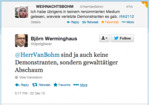 Björn Werminghaus, stellvertretender Landesvorsitzender und Geschäftsführer der Deutschen Polizeigewerkschaft, am 22.12.2013 via Twitter zur Zahl der verletzten Demonstranten (via http://bit.ly/1gQxhbd)